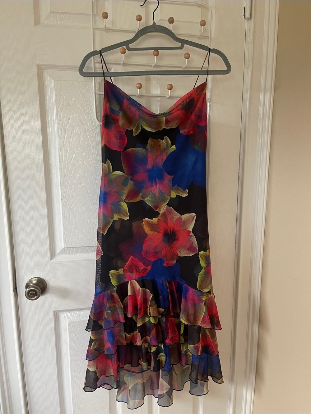 Anthropologie Black Floral Slip Midi Dress with Ruffled Hem